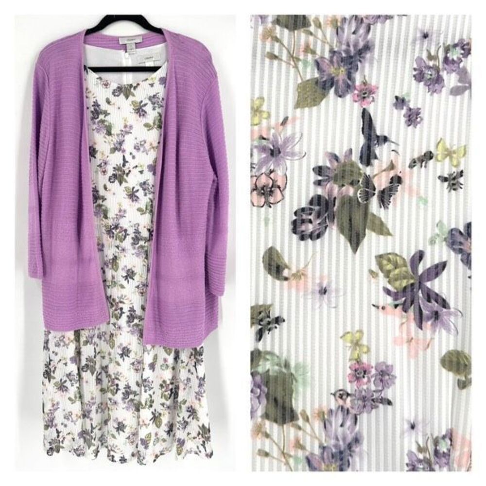 CJ Banks Women's Floral Knit Sweater Midi Dress Set 2 Piece Purple White Size 1X